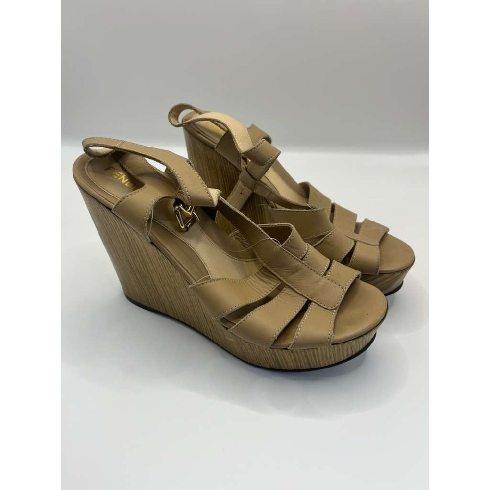 Fendi Women's Tan Leather Platform Wedge Sandals Ankle Strap Buckle Made Italy